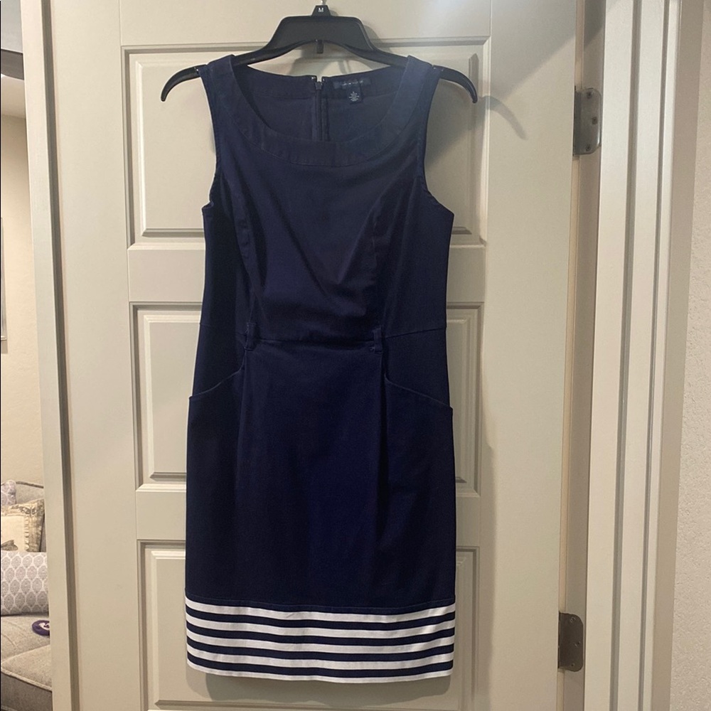 Navy Blue Sleeveless Dress with White Stripes